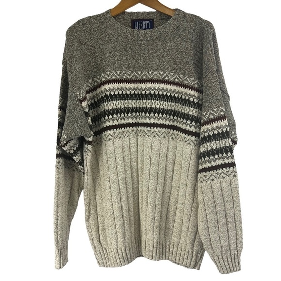 90S Liberty Beige Grey Fair Isle Chunky Knit Grandpa Sweater Mens medium - Picture 1 of 10